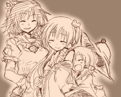  3girls ^_^ closed_eyes commentary_request detached_sleeves frog_hair_ornament hair_ornament hand_on_own_hip hat hug kochiya_sanae long_hair mirror monochrome moriya_suwako multiple_girls open_mouth short_hair smile touhou unya yasaka_kanako 