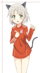  adidas animal_ears bad_id bad_pixiv_id blush cat_ears cat_girl cat_tail england female glastonbury1966 green_eyes grey_hair jersey liverpool_fc no_pants open_mouth photoshop_(medium) premier_league sanya_v._litvyak solo strike_witches tail triple_vertical_stripe world_witches_series 