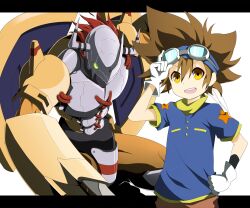  1boy armor bad_id bad_pixiv_id brown_hair digimon digimon_(creature) digimon_adventure gauntlets gloves glowing glowing_eyes goggles green_eyes helmet horns lemon_(wzcrybmi) letterboxed male_focus red_hair spikes wargreymon yagami_taichi yellow_eyes 