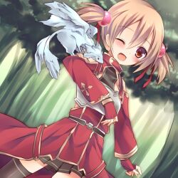  ;d animal black_thighhighs blush brown_eyes brown_hair commentary_request female fingerless_gloves gloves one_eye_closed open_mouth pina_(sao) short_twintails silica smile solo sorai_shin&#039;ya sword_art_online thighhighs twintails 