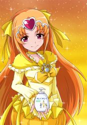  bad_id bad_pixiv_id bow brooch bubble_skirt choker circlet cure_muse_(yellow) female gradient_background hairbow heart jewelry long_hair magical_girl naruru_(akanex829) orange_background orange_hair pink_eyes precure shirabe_ako skirt smile solo suite_precure yellow_background yellow_bow yellow_choker yellow_skirt 