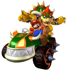  2boys 3d absurdres bowser car facial_hair highres lying mario mario_(series) mario_kart motor_vehicle moustache multiple_boys official_art spikes standing super_mario_bros. vehicle 