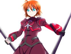  arm_guards armor blue_eyes brown_hair commentary_request dual_wielding female fingerless_gloves gloves holding long_skirt lyrical_nanoha magical_girl mahou_shoujo_lyrical_nanoha mahou_shoujo_lyrical_nanoha_a&#039;s mahou_shoujo_lyrical_nanoha_a&#039;s_portable:_the_battle_of_aces photoshop_(medium) riichi_(yamataku0) short_hair skirt solo staff stern_the_destructor 