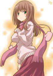  achiga_school_uniform blush breasts brown_hair cardigan commentary_request female gloves green_eyes long_hair matsumi_yuu medium_breasts pink_cardigan saki_(manga) saki_achiga-hen scarf school_uniform skirt solo standing umyonge_(lkakeu) 