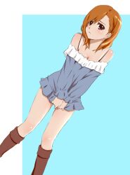  :&lt; anjou_naruko ano_hi_mita_hana_no_namae_wo_bokutachi_wa_mada_shiranai. bad_id bad_nicoseiga_id blush boots dutch_angle female looking_at_viewer orange_eyes orange_hair rikku_(cake) shirt_tug solo 