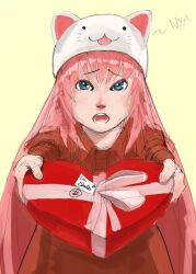  animal_hat blue_eyes box cat_hat commentary english_commentary female gift hat heart-shaped_box long_hair megurine_luka megurine_luka_(toeto) pink_hair skrats solo toeto_(vocaloid) valentine vocaloid 