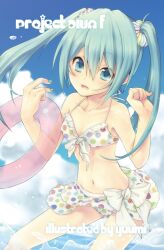  bikini blue_eyes commentary_request female green_hair hatsune_miku innertube long_hair natsumi_yuu polka_dot polka_dot_bikini polka_dot_sarong print_sarong project_diva_(series) project_diva_f sarong solo summer_idol_(vocaloid) swim_ring swimsuit swimwear_(module) twintails vocaloid white_sarong 