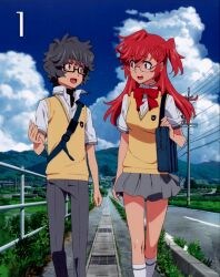  1boy absurdres ano_natsu_de_matteru black_hair blue_eyes brown_eyes cloud day female glasses highres kirishima_kaito long_hair official_art one_side_up outdoors power_lines red_hair road scan school_uniform short_hair skirt sky sweater_vest takatsuki_ichika twintails walking 