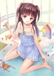  bad_id bad_pixiv_id barefoot blush brown_hair collarbone crayon female flat_chest fukahire_(ruinon) highres holding looking_at_viewer marble_(toy) open_mouth original red_eyes sitting solo toy toy_block two_side_up wariza 