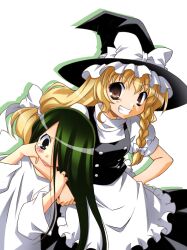  2girls akou_roushi arm_around_neck blonde_hair blush braid brown_eyes commentary_request crossover green_hair grey_eyes grin hair_over_one_eye hand_on_own_hip hat kirisame_marisa long_hair multiple_girls painttool_sai_(medium) smile tears the_ring touhou yamamura_sadako 