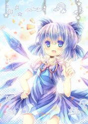  blue_eyes blue_hair blush bow cirno coa_(chroo_x) commentary_request female hairbow ice ice_wings open_mouth photoshop_(medium) puffy_sleeves short_hair short_sleeves solo thick_eyebrows touhou wings 