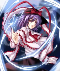  capelet commentary_request electricity female frills hat hat_ribbon looking_at_viewer nagae_iku open_mouth pointing pointing_up purple_hair ram_hachimin red_eyes ribbon short_hair solo touhou 