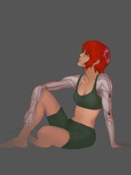  amputee asmodaieus barefoot breasts crossover cyborg deus_ex deus_ex:_human_revolution double_amputee female full_body green_eyes katawa_shoujo lips medium_breasts nose red_hair short_hair shorts sitting sports_bra tezuka_rin 