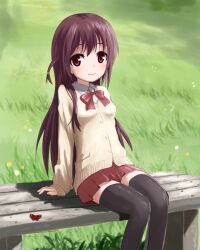  achiga_school_uniform bad_id bad_pixiv_id bench bug butterfly cardigan catocala female long_hair matsumi_kuro ribbon saki_(manga) saki_achiga-hen school_uniform sitting smile solo thighhighs 