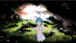  ahoge bad_id bad_nicoseiga_id blue_hair blush_stickers cave color_guide dress female hand_on_own_chest highres letterboxed moss original power_drill red_eyes rock scenery short_hair short_sleeves smile solo standing tetsurou_(fe+) white_dress 