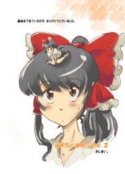  2girls bad_id bad_pixiv_id chibi chibi_on_head hakurei_reimu highres mini_person minigirl multiple_girls non_(z-art) on_head shameimaru_aya touhou translation_request 