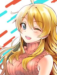  ;d ahoge blonde_hair blue_eyes commentary_request female hoshii_miki idolmaster idolmaster_(classic) long_hair one_eye_closed open_mouth sakayama_shinta sleeveless sleeveless_turtleneck smile solo turtleneck upper_body 