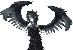  aqua_eyes armlet armpits bare_shoulders black_dress black_hair black_wings bowed_wings bracelet closed_mouth colored_skin commentary_request cowboy_shot dress duel_monster fabled_grimro feather_dress feathered_wings female forehead_jewel hair_between_eyes hair_strand jewelry looking_at_viewer necklace outstretched_arms pointy_ears pointy_hair shintani_tsushiya simple_background sleeveless sleeveless_dress solo standing white_background white_skin wings yu-gi-oh! 