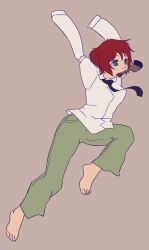  amputee armless_amputee bad_link barefoot black_necktie blouse brown_background double_amputee feet female flat_color full_body green_eyes green_pants katawa_shoujo mouth_hold necktie paintbrush pants red_hair school_uniform shirt short_hair simple_background sleeve_tied_shut solo tezuka_rin tied_sleeves toes white_shirt yamaku_high_school_uniform 