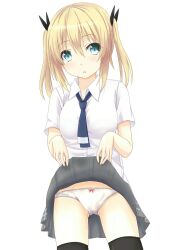  black_thighhighs blonde_hair blue_eyes blush clothes_lift commentary_request dress_shirt female highres necktie open_mouth original panties saku_(kudrove) shirt skirt skirt_lift solo thighhighs two_side_up underwear white_panties 