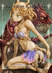  abe_yoshitoshi animal_ears bikini blonde_hair commentary_request cover dragon english_text extra_ears female green_eyes kneeling original photoshop_(medium) pointy_ears sandals short_hair solo swimsuit tail 