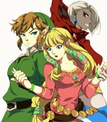  2boys androgynous belt black_eyes blonde_hair blue_eyes bracelet cape commentary_request dark_skin earrings female ghirahim hat jewelry link long_hair multiple_boys muse_(rainforest) photoshop_(medium) pointy_ears princess_zelda smile the_legend_of_zelda the_legend_of_zelda:_skyward_sword white_hair 