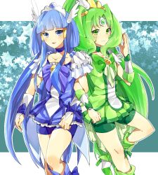  2girls aoki_reika bike_shorts blue_eyes blue_hair blue_skirt choker commentary_request cure_beauty cure_march green_choker green_eyes green_hair green_shorts green_skirt long_hair magical_girl midorikawa_nao multiple_girls ponytail precure shorts shorts_under_skirt skirt smile_precure suurin_(ksyaro) tiara very_long_hair 