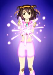  brown_eyes brown_hair commentary_request cosplay crop_top cure_dream cure_dream_(cosplay) female henshin highres image_sample iyakun md5_mismatch pixiv_sample precure ribbon short_hair solo suzumiya_haruhi suzumiya_haruhi_no_yuuutsu transformation yes!_precure_5 