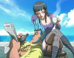  1boy barrel black_hair blue_hair blue_sky cloud clouds coffee cup cyborg female female fishnet fishnets franky male newspaper nico_robin ocean one_piece open_clothes open_shirt outdoors pirate shirt sitting sky sunglasses sunglasses_on_head thighhighs thousand_sunny thriller_bark 