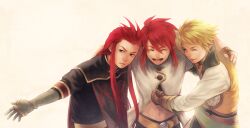  3boys asch_(tales) bad_id bad_pixiv_id blonde_hair blue_eyes green_eyes guy_cecil hair_slicked_back hug long_hair luke_fon_fabre male_focus multiple_boys neopara one_eye_closed red_hair tales_of_(series) tales_of_the_abyss white_background 