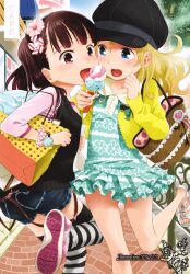  2girls absurdres artist_name bag black_legwear blonde_hair blue_eyes blush bracelet brick brown_hair buttons cabbie_hat cafe casual day denim denim_shorts double_scoop dress eating flat_chest floral_print flower food hair_flower hair_ornament hat heart heart_print highres holding ice_cream ice_cream_cone jewelry leg_lift licking multiple_girls musical_note non-web_source original outdoors pavement photoshop_(medium) pink_eyes plaid polka_dot sandals scan shared_food shoes shopping_bag short_shorts shorts sky sneakers soumatou_(mayoibashi) standing standing_on_one_leg striped_clothes striped_thighhighs sundress sweater_vest thighhighs toes tongue tree white_legwear 