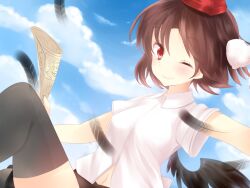  ajiriko bad_id bad_pixiv_id banned_artist black_legwear blush brown_hair cloud day feathers hat looking_at_viewer navel newspaper one_eye_closed red_eyes shameimaru_aya short_hair short_sleeves sky smile solo thighhighs tokin_hat touhou 