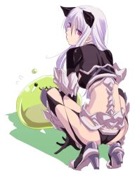  animal_ears ass black_gloves black_panties cat_ears commentary_request female gloves guillotine_cross_(ragnarok_online) hair_between_eyes high_heels kataasa-ko long_hair looking_back mr.romance panties pink_eyes poporing ragnarok_online simple_background slime_(creature) solo squatting underwear white_background white_hair 