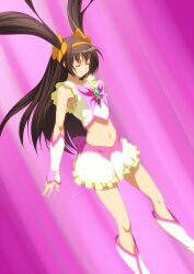  arm_guards brown_eyes brown_hair butterfly_brooch closed_eyes commentary_request cosplay crop_top cure_dream cure_dream_(cosplay) female henshin highres iyakun long_hair midriff navel official_alternate_hair_length official_alternate_hairstyle precure ribbon skirt sleeveless solo standing stomach suzumiya_haruhi suzumiya_haruhi_no_yuuutsu transformation twintails very_long_hair white_skirt yes!_precure_5 