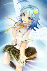  ahoge angel_wings black_socks blue_eyes blue_hair ddongu female gart hair_ornament hairpin hand_on_own_hip impossible_clothes kneehighs leg_up lowres open_mouth outstretched_arm photoshop_(medium) plaid plaid_skirt pleated_skirt ribbon school_uniform short_hair skirt smile socks solo standing sword_girls wings 