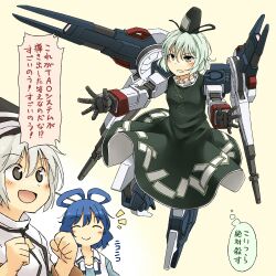  3girls blue_eyes blue_hair blush clenched_teeth closed_eyes commentary_request dress green_dress green_eyes green_hair grey_hair gundam gundam_age-2 gundam_age-2_artemis hair_rings hat japanese_clothes kaku_seiga kariginu mecha mecha_musume mononobe_no_futo multiple_girls no_nose open_mouth ponytail robot short_hair smile soga_no_tojiko tate_eboshi teeth touhou translated yudepii 