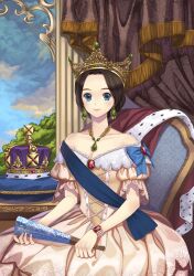  bare_shoulders blue_eyes briska brown_hair chair collarbone commentary_request crown dress earrings female holding jewelry looking_at_viewer original queen queen_victoria real_life real_life_insert short_hair sitting smile solo victorian 