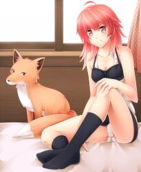  bed duel_monster female fox foxfire highres hiita kneehigh_socks kneehighs komimiyako komitsu panties pantyshot red_eyes red_hair skirt smile underwear upskirt yu-gi-oh! yuu-gi-ou_duel_monsters 