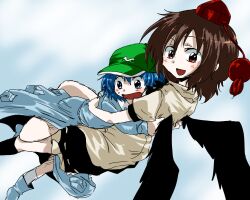  2girls brown_hair commentary_request hat hug kawashiro_nitori multiple_girls open_mouth red_eyes shameimaru_aya short_hair skirt smile tokin_hat touhou unya wings 