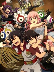  2boys 2girls amano_yukiteru black_hair blue_eyes blush brown_hair closed_eyes commentary_request dress eyepatch fishnets gasai_yuno guitar hirasaka_yomotsu instrument jewelry kousaka_ouji long_hair low_twintails megaphone microphone mirai_nikki multiple_boys multiple_girls music ndo2 necklace open_mouth pink_hair poster_(object) purple_eyes purple_hair red_eyes singing skirt smile twintails uryuu_minene wristband 