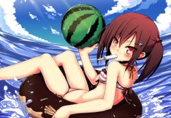  ball bare_shoulders beachball bikini blush brown_eyes brown_hair cloud commentary_request day doughnut_innertube female fisheye food hair_bobbles hair_ornament hairclip innertube long_hair looking_at_viewer morinaga_koeda mouth_hold ocean original outdoors paw_ornament pink_eyes popsicle popsicle_stick red_bikini red_eyes short_hair side_ponytail sky smile solo splashing striped_bikini striped_clothes swim_ring swimsuit takanashi_sora_(soramyon) twintails water watermelon_beachball 