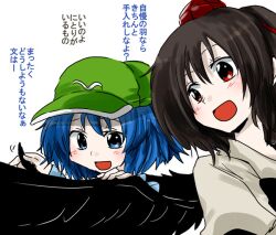  2girls black_hair blue_eyes blue_hair commentary_request hat kawashiro_nitori multiple_girls open_mouth red_eyes shameimaru_aya short_hair smile tokin_hat touhou translated unya upper_body wings 