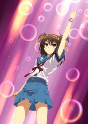  blue_sailor_collar brown_eyes brown_hair commentary_request female henshin highres image_sample iyakun kita_high_school_uniform md5_mismatch pixiv_sample precure sailor_collar school_uniform short_hair summer_uniform suzumiya_haruhi suzumiya_haruhi_no_yuuutsu transformation yes!_precure_5 