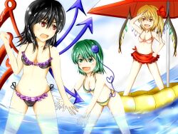  3girls bikini black_hair blonde_hair blush breasts commentary_request flandre_scarlet green_eyes green_hair highres houjuu_nue kamesys komeiji_koishi medium_breasts multiple_girls ocean oerba_yun_fang red_eyes small_breasts swimsuit touhou wings 