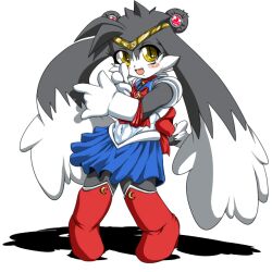  1:1 alternative_fashion anthro bandai_namco big_ears bottomwear cloth clothed clothing cosplay domestic_cat felid feline felis female fur j-fashion klonoa klonoa_(series) mammal rule_63 sailor_moon_(series) shaolin_bones skirt solo yellow_eyes young 