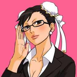  adjusting_eyewear alternate_costume bespectacled black_eyes black_hair bun_cover chun-li commentary_request double_bun earrings female glasses hair_bun jacket jewelry lips looking_at_viewer office_lady simple_background street_fighter tonpii 