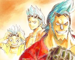  1boy age_progression blue_hair cyborg franky goggles hawaiian_shirt lolicon male male_focus multiple_persona one_piece open_clothes open_shirt shindan shirt solo sunglasses sunglasses_on_head teenage teenager water_7 young younger 