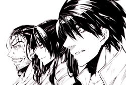  3boys androgynous bad_id bad_pixiv_id drifters eyepatch glaring grin hibi long_hair male_focus multiple_boys nasu_no_yoichi_(drifters) oda_nobunaga_(drifters) ponytail shimazu_toyohisa_(drifters) short_hair smile 