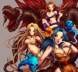  3girls :o armlet barbariccia bikini blonde_hair blue_hair breasts byunei choker cleavage commentary_request earrings elf final_fantasy final_fantasy_iv flower green_eyes hair_flower hair_ornament hairband jewelry kara_(color) large_breasts long_hair monster_girl multiple_girls naked_ribbon open_mouth photoshop_(medium) pointy_ears red_eyes ribbon rocbouquet_(saga) romancing_saga romancing_saga_2 romancing_saga_3 saga side_slit skull smile swimsuit thigh_strap very_long_hair 