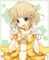  bad_id bad_pixiv_id blonde_hair brown_eyes choker cosplay cure_peace cure_peace_(cosplay) double_v dress female hair_ornament hairclip oomuro_sakurako open_mouth precure short_hair smile smile_precure solo umeno v wrist_cuffs yellow_dress yuru_yuri 